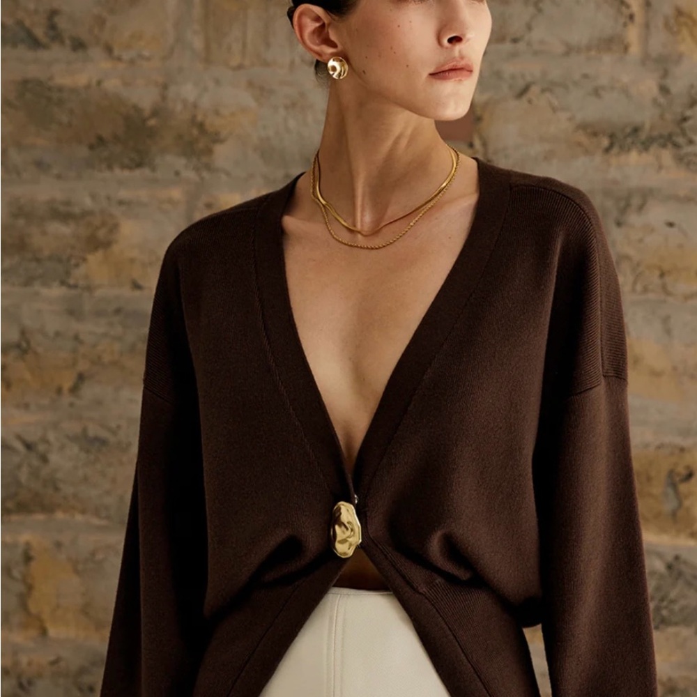 Commense Brown V-Neck Sweater with Gold Accent size M
